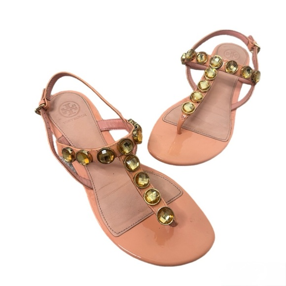 Tory Burch Peach Pink and Gold Sandals with Studded Design - Picture 2 of 7